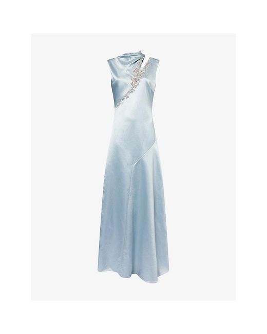 Erdem Blue Crystal-Embellished Sleeveless Satin Gown
