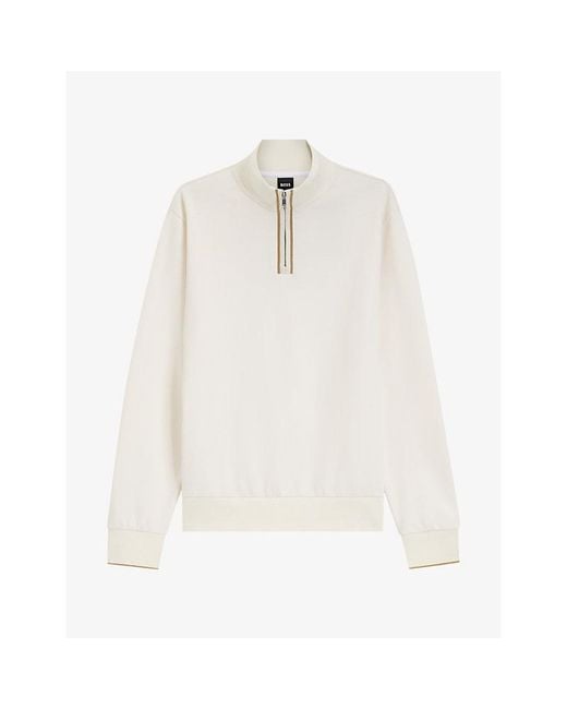 Boss White Funnel-Neck Half-Zip Cotton Sweatshirt for men