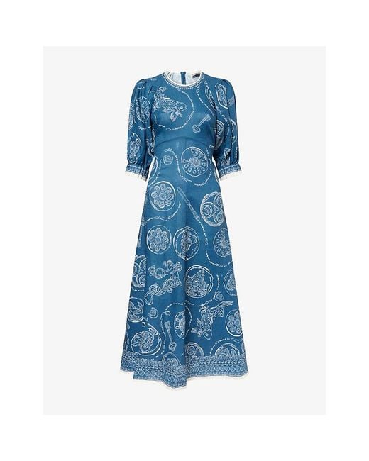 ALÉMAIS Blue Lucky Short-Sleeve Linen Midi Dress