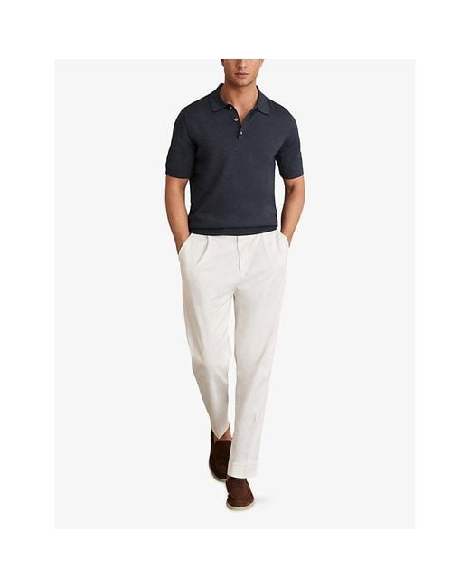 Reiss Blue Manor Half-Button Short-Sleeve Merino-Wool Polo Shirt for men