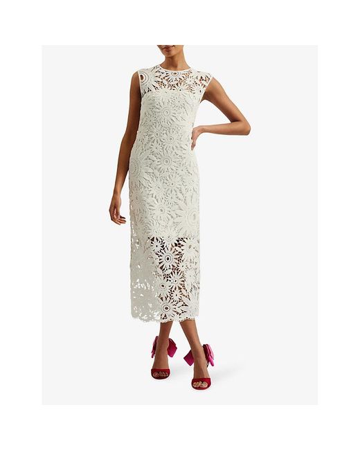 Ted Baker White Corha Floral-crochet Sleeveless Cotton-blend Midi Dress