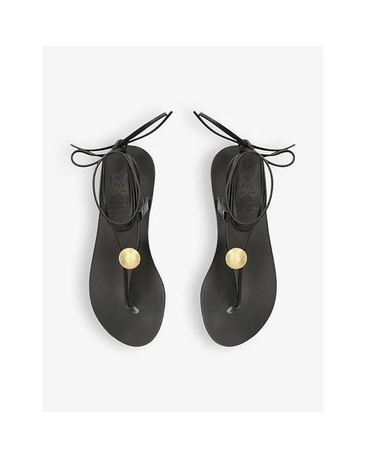 Ancient Greek Sandals Black Persephone Gold-tone Applique Leather Sandals