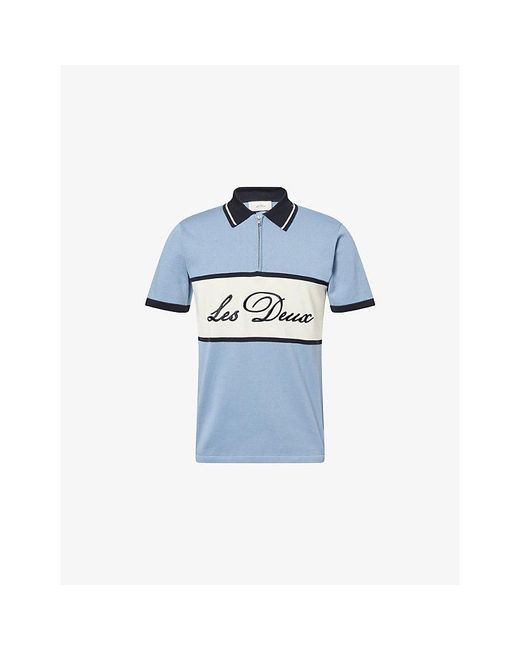 Les Deux Blue Knitted Zipper Cotton Polo T-Shirt for men