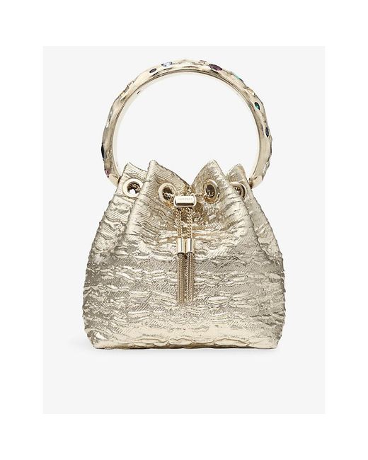 Jimmy Choo Natural Bon Bon Textured Metallic Woven Bucket Bag