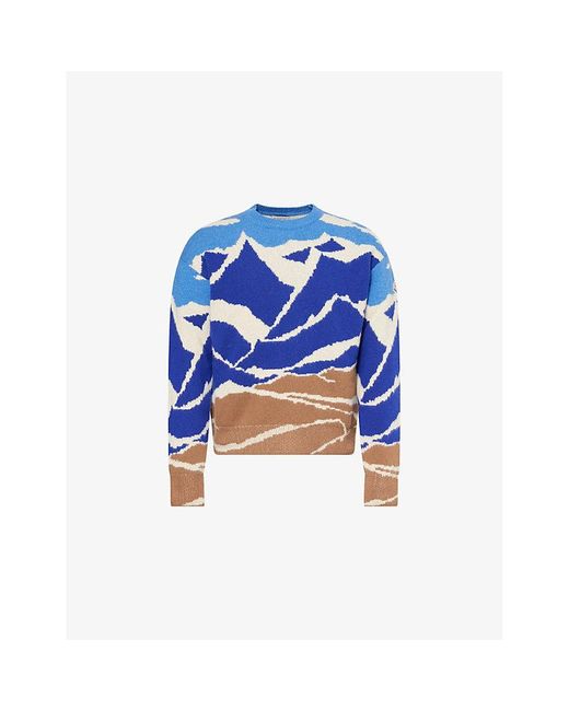 Moncler Blue Graphic Crew Neck Knitted Wool Jumper for men