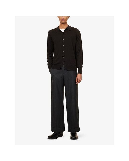 John Smedley Black Tibor Long-Sleeve Merino-Wool Polo Shirt for men
