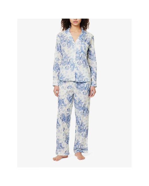 Desmond & Dempsey Blue Floral-print Long-sleeve Cotton Pyjama Set