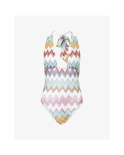 Missoni White Halter-Neck Zig-Zag Pattern Swimsuit