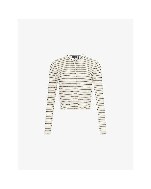 Theory White Stripped Cropped Linen-Blend Knitted Cardigan
