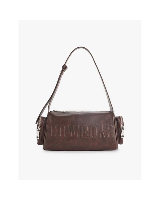 COWBOYS OF HABIT Brown Embossed-Branding Zip-Pockets Leather Shoulder Bag
