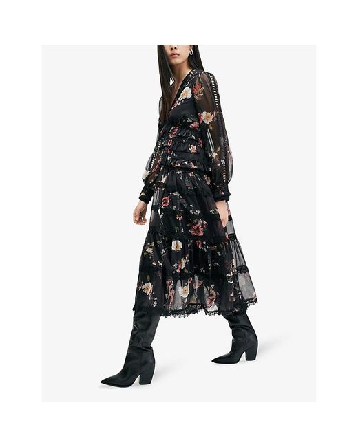 AllSaints Zora Floral Ruffle Midi Dress in Black | Lyst