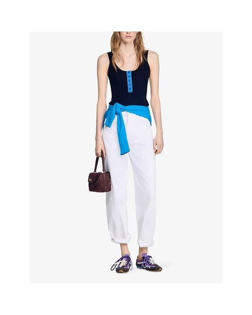 Sandro Blue Sleeveless Contrast-Trim Knitted Vest Top
