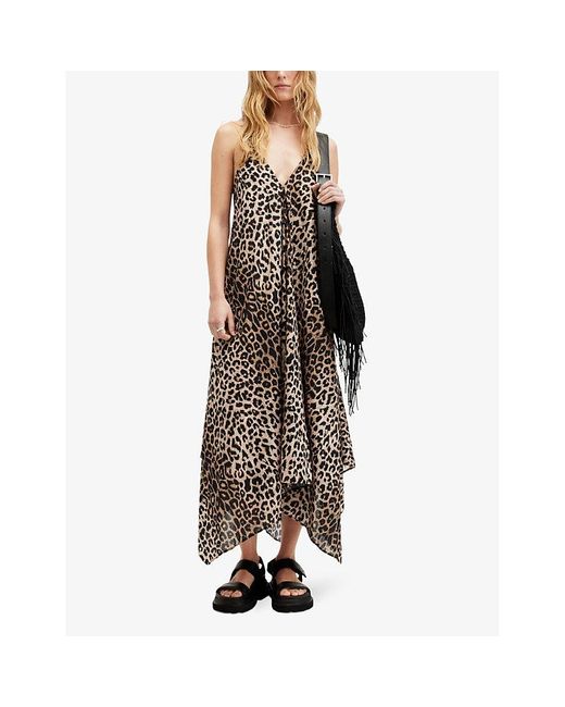 AllSaints Brown Lil Leopard-print Sleeveless Cotton Maxi Dress