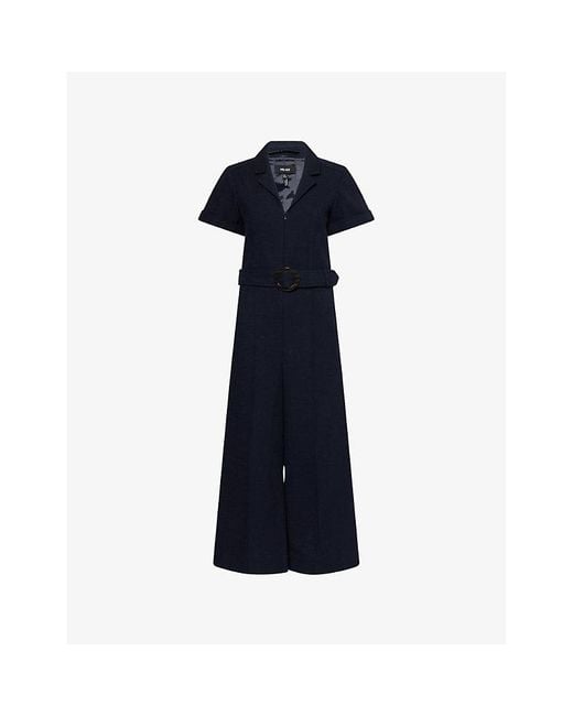 ME+EM Blue Notch-Collar Short-Sleeve Cotton Tweed Jumpsuit