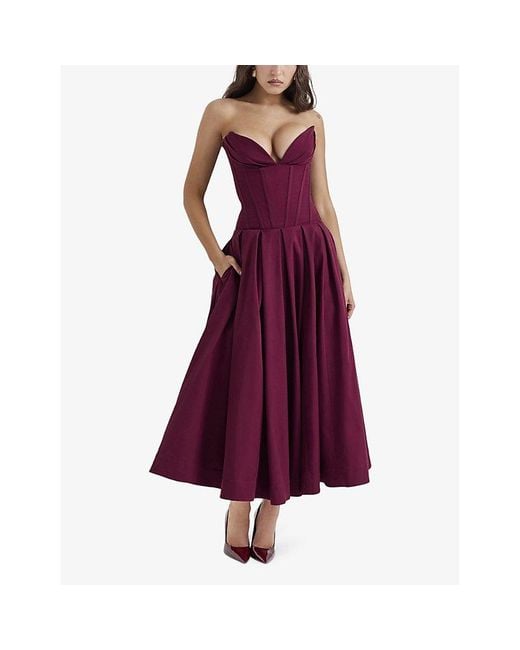 House Of Cb Purple Lady Plunge-Neck Stretch-Cotton Midi Dress