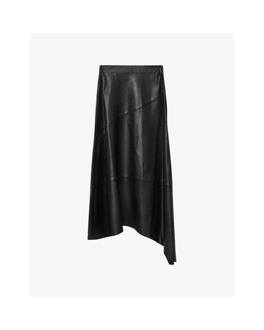 AllSaints Black Gia Lea Asymmetric-Hem Leather Midi Skirt