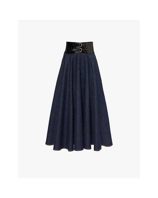 Alaïa Blue Belted High-rise Denim Midi Skirt