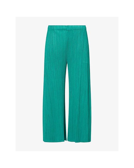 Pleats Please Issey Miyake Green Pleated Ankle-Crop Knitted Trousers