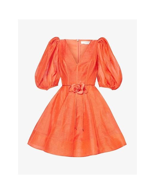 Zimmermann Orange V-neck Puff-sleeved Linen And Silk-blend Mini Dress