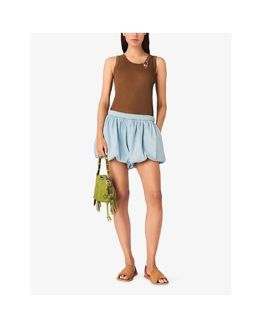 Maje Blue Balloon-Leg Branded-Patch Chambray Skort