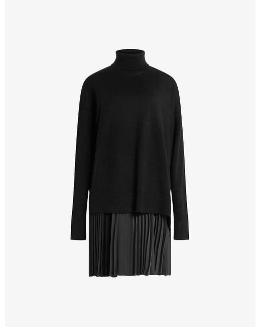 AllSaints Black Flora 2-in-1 Pleated Wool And Woven Mini Dress