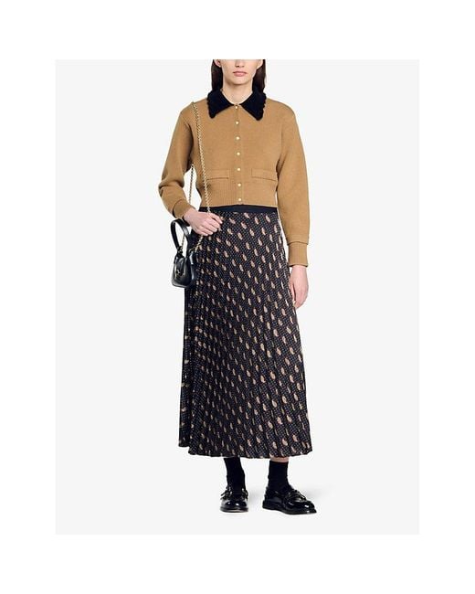 Sandro Black Paisley And Dotted High-Rise Woven Midi Skirt