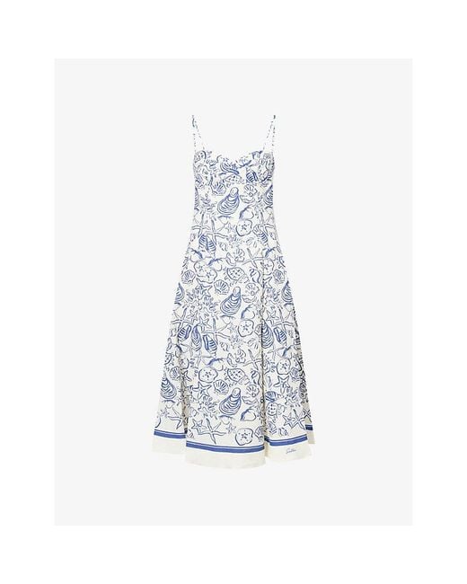 Jonathan Simkhai Blue Analise Graphic-Pattern Linen-Blend Midi Dress
