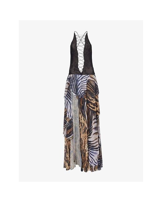 Jaded London Multicolor Animal-Print Shoulder-Straps Stretch-Woven Maxi Dress