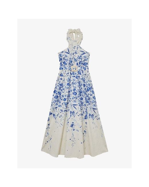 Reiss Blue Amaya Floral-Print Stretch-Cotton Maxi Dress