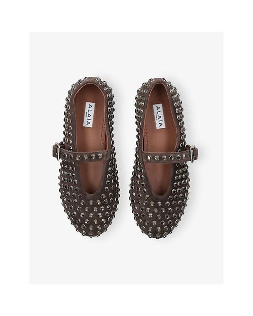 Alaïa Brown Jewel-Embellished Suede Ballet Flats