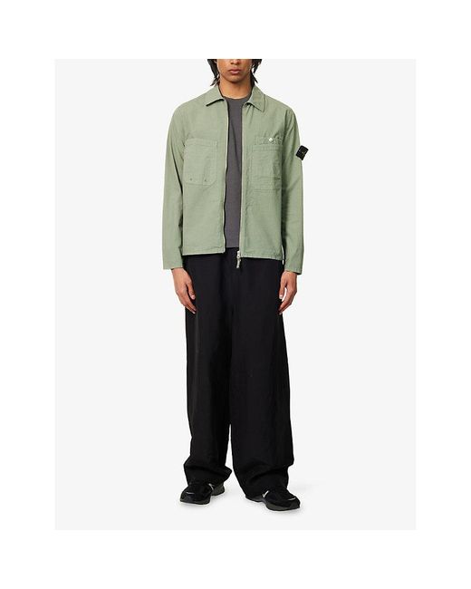 Stone Island Green Brand-Badge Patch-Pockets Stretch-Cotton Overshirt for men