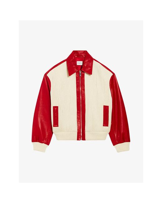 Claudie Pierlot Red Contrast-sleeve Ribbed Leather And Knitted Jacket