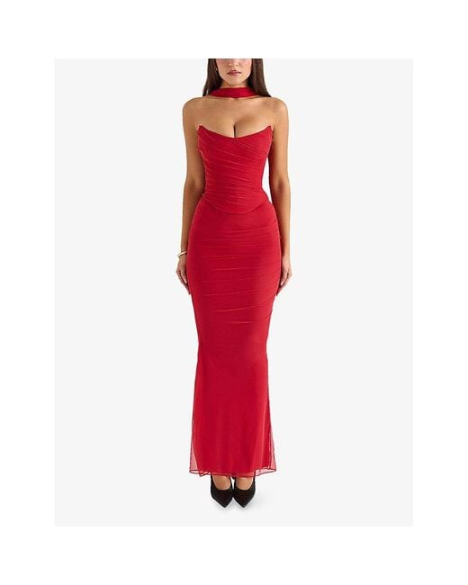 House Of Cb Red Cassidy Fluted-Hem Mesh Maxi Skirt