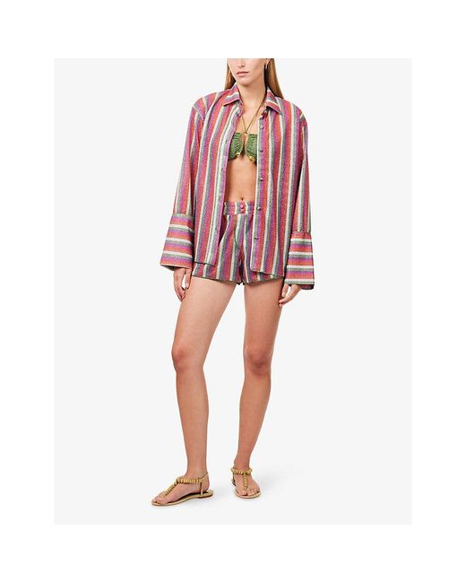 Oseree Red Lumiere Long-Sleeve Metallic Knit Shirt