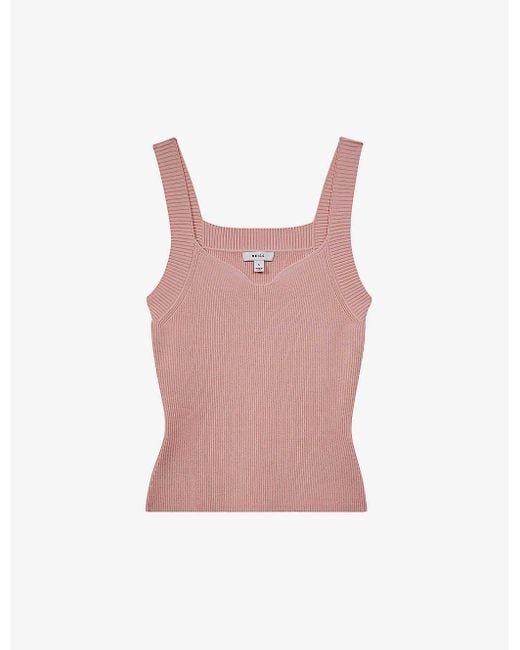 Reiss Pink Dani Sweetheart-neck Slim-fit Ribbed Stretch-knit Vest