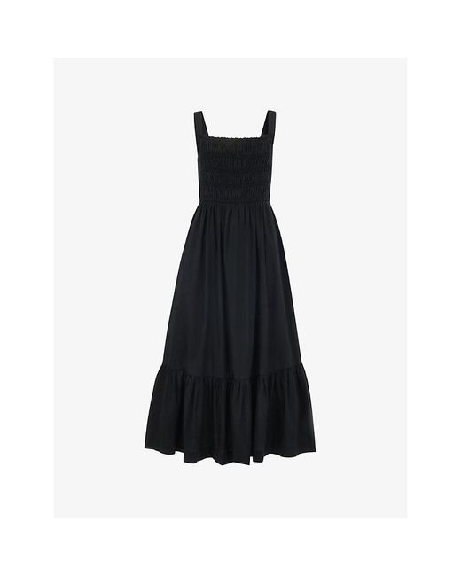 Whistles Black Greta Shirred-Bodice Ruched Cotton-Poplin Midi Dress