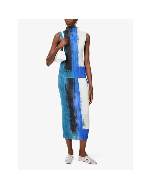 Pleats Please Issey Miyake Blue Jump Knitted Midi Skirt