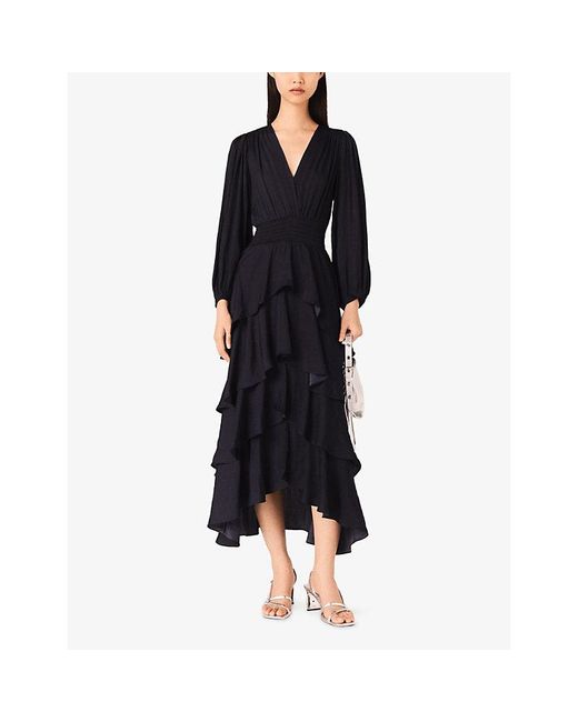 Maje Blue Ruffinella Smocked-Waist Ruffled Woven Maxi Dress