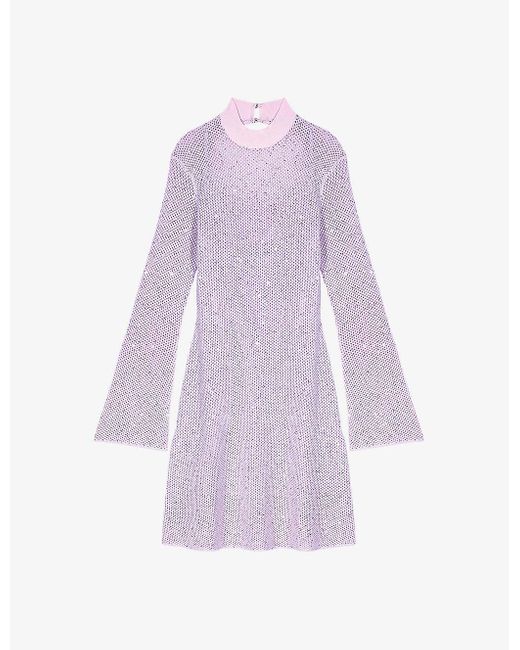 Maje Purple High-neck Sparkle Knitted Mini Dress