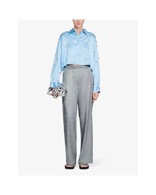 Sandro Gray Rhinestone-embellished Wide-leg High-rise Satin Trousers