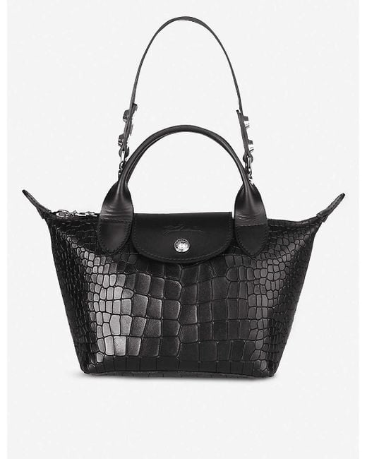Longchamp Black Le Pliage Cuir Mini Croc-embossed Leather Top-handle Bag