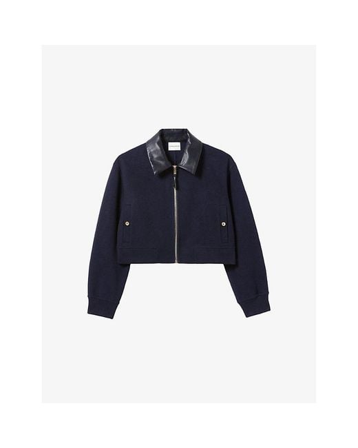Claudie Pierlot Blue Contrast-Collar Boxy-Fit Wool-Blend Jacket