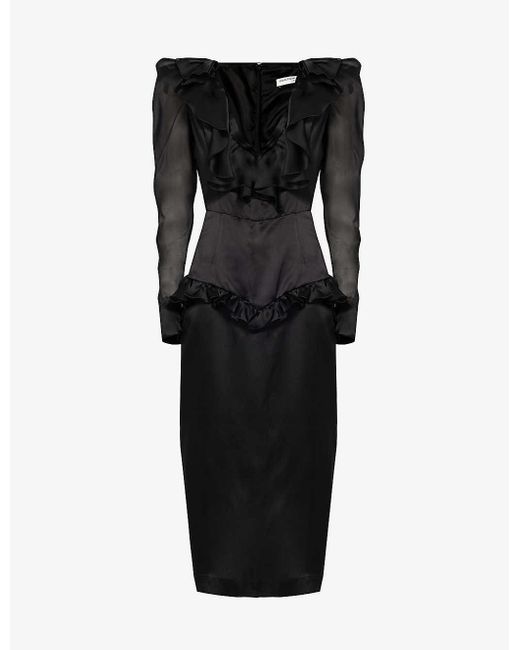 Alessandra Rich Black V-neck Ruffle-trim Silk, Satin And Organza Midi Dress