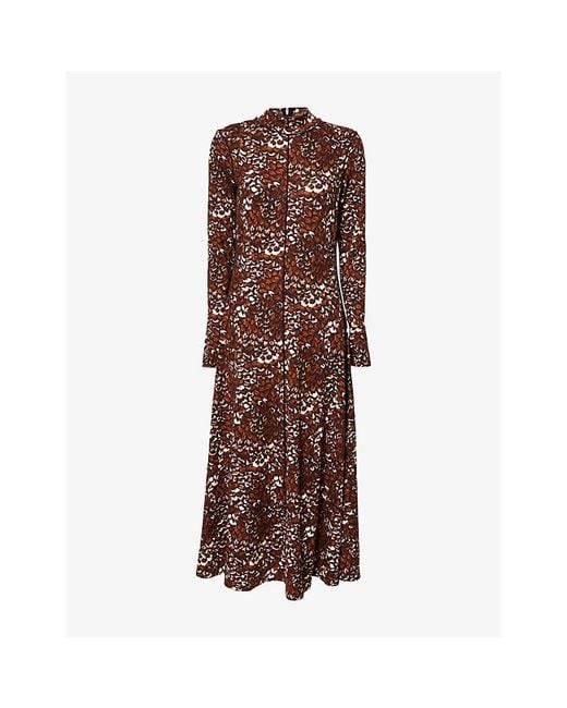 ME+EM Brown Feather-Print High-Neck Jersey Maxi Dress