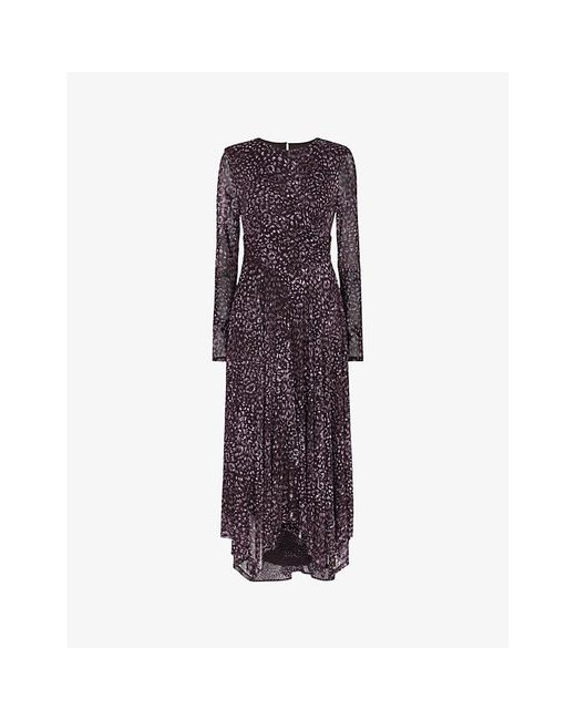 Whistles Purple Feather Leopard-print Stretch-recycled Polyester Midi Dress
