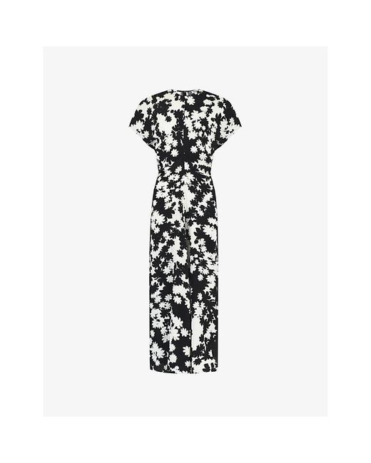 Ro&zo Black Floral-print Flutter-sleeve Crepe Midi Dress