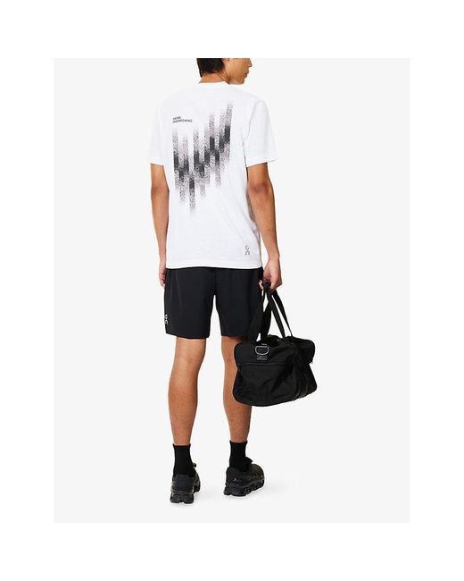 On Shoes White Train-T Graphic Brand-Print Stretch-Woven T-Shirt for men