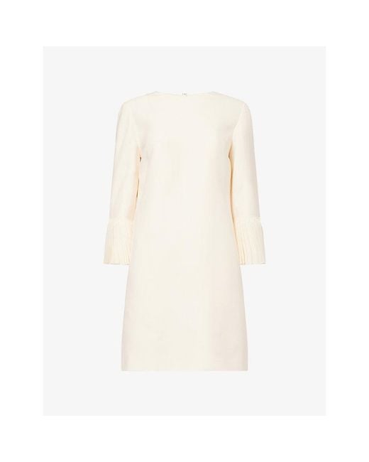 Valentino Natural Pleated-Sleeve Wool And Silk-Blend Mini Dress