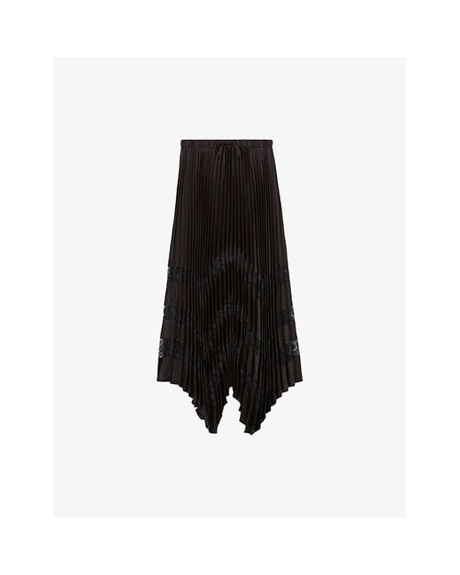 Claudie Pierlot Black Pleated Lace-Embroidered Satin Midi Skirt