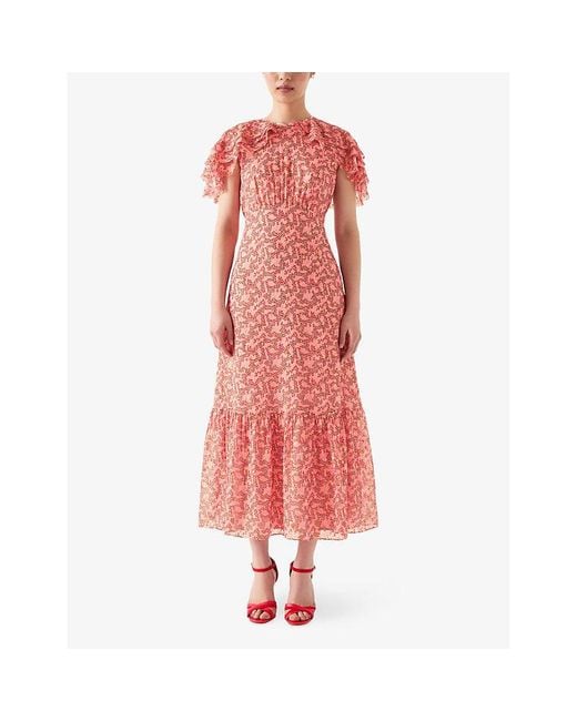 L.K.Bennett Red Billie Blossom-Print Ruffle-Trim Silk-Blend Midi Dress